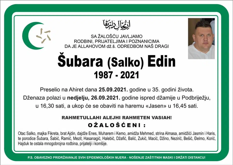 Preminuo je Šubara Edin