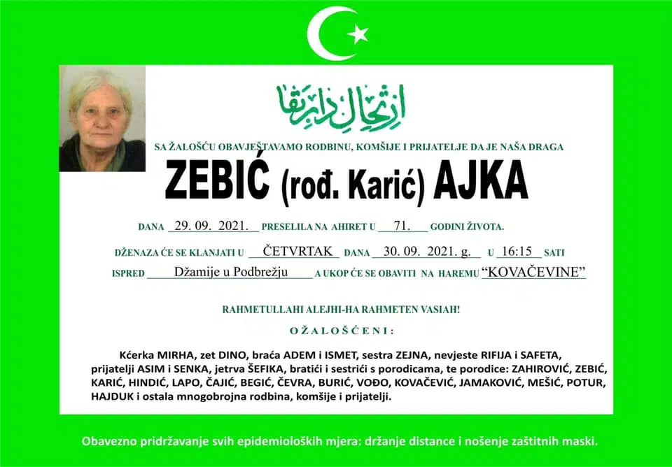Preminula je Zebić Ajka