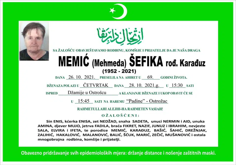 Preminula je Memić Šefika