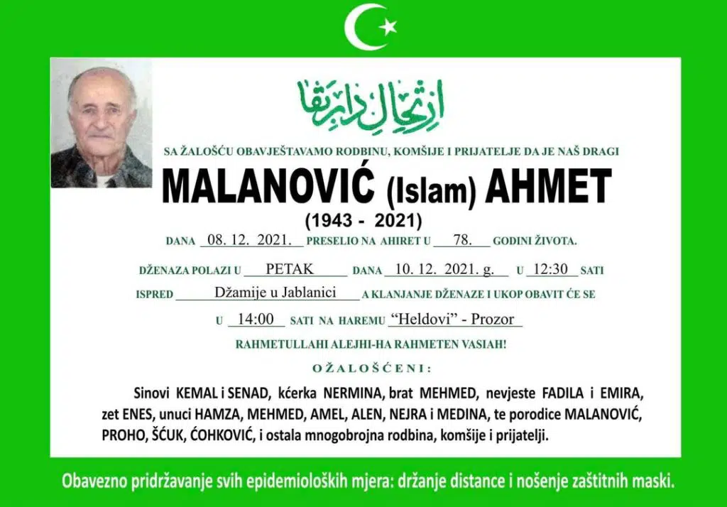 Preminuo je Malanović Ahmet