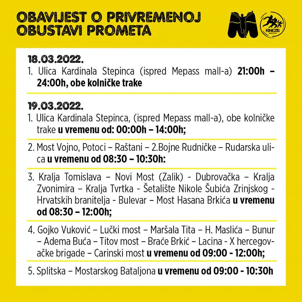 Brojne ulice u Mostaru bit će zatvorene Mostarski.info