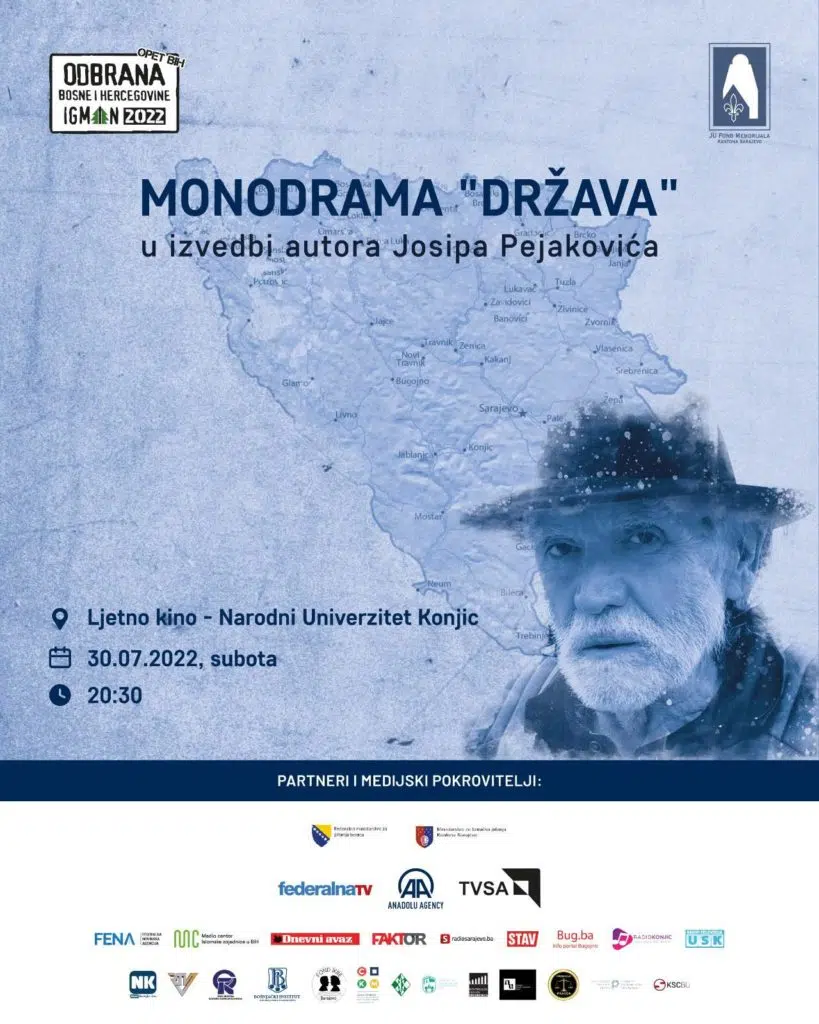 Konjic: Monodrama „Država“ u izvedbi Josipa Pejakovića u subotu, 30.jula