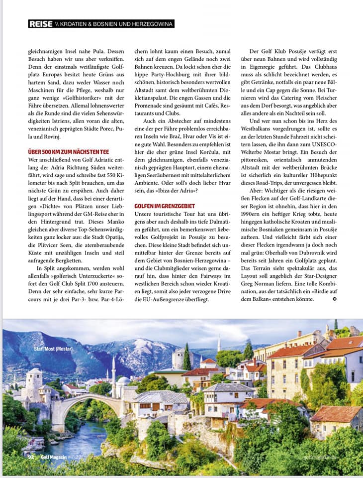 Prestižni njemački magazin ‘Golf’ u svojoj reportaži nahvalio Golf klub Posušje