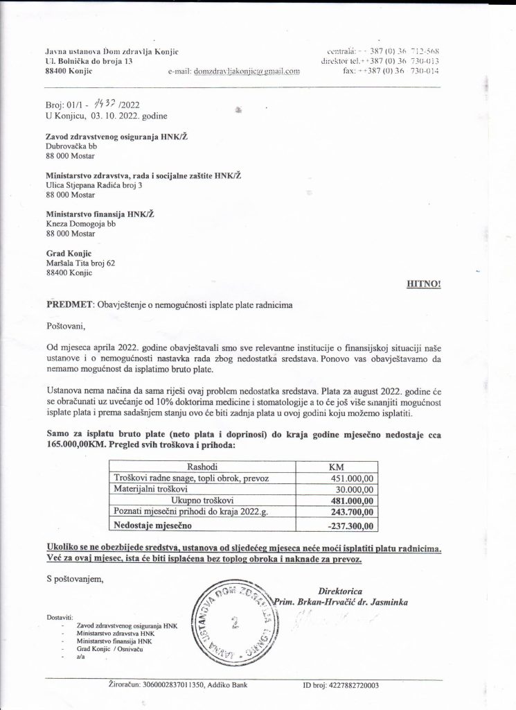 Uposlenici Doma zdravlja Konjic: Idemo prema Upravi i Tužilaštvu HNK Uposlenici Doma zdravlja Konjic: Idemo prema Upravi i Tužilaštvu HNK