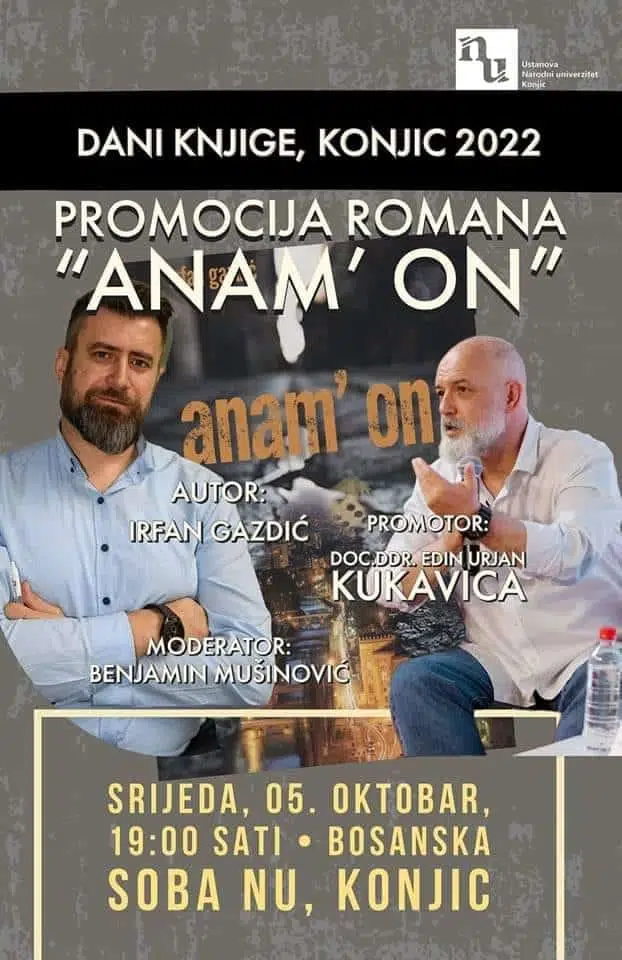 Večeras u 19 sati u NU Konjic promocija knjige „Anam’on“