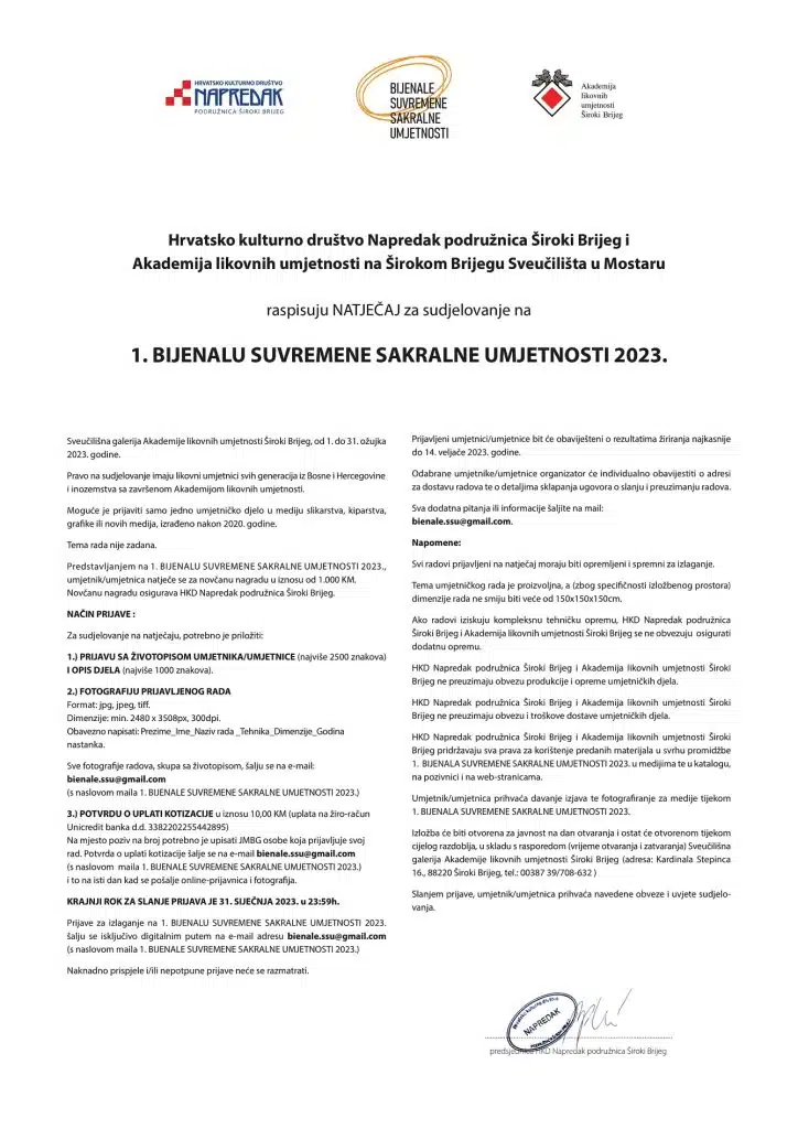 Natječaj za sudjelovanje na 1. Bijenalu suvremene sakralne umjetnosti u Širokom Brijegu