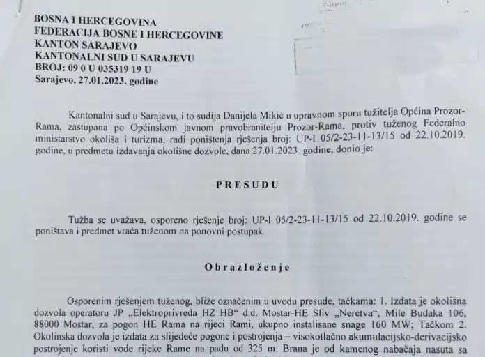 SUD PRESUDIO: Elektroprivreda HZHB radi bez okolišne dozvole za Hidroelektranu „Rama“