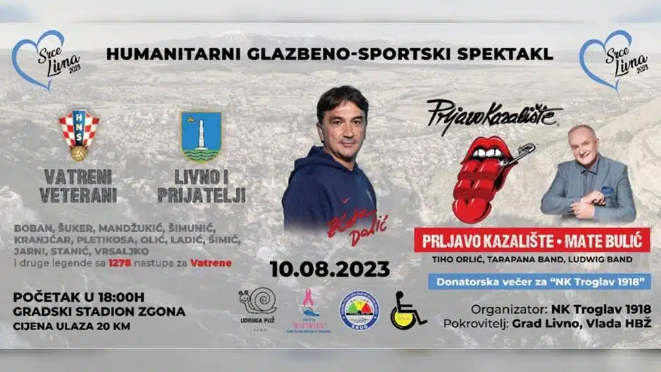 HRVATSKE NOGOMETNE I GLAZBENE LEGENDE U LIVNU: „Vatreni veterani“ sa Zvonom Bobanom i Davorom Šukerom protiv Zlatka Dalića i Blaža Sliškovića koji predvode momčad „Livno i prijatelji“ 10. kolovoza u Livnu