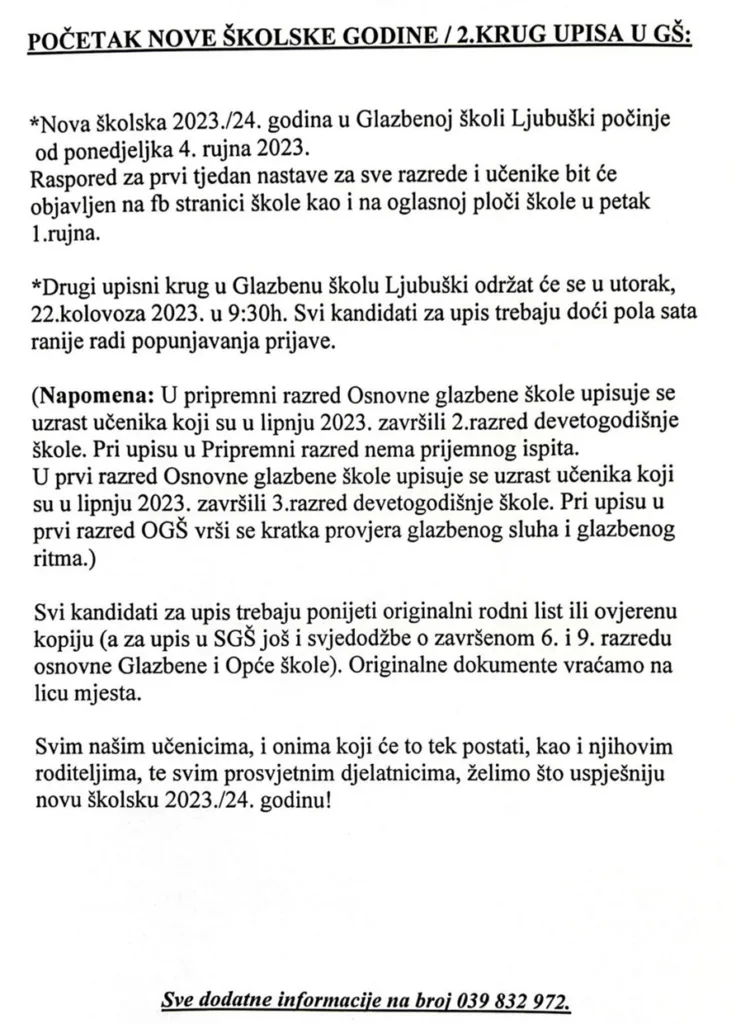 Glazbena škola Ljubuški: 2.krug upisa i početak nove školske godine