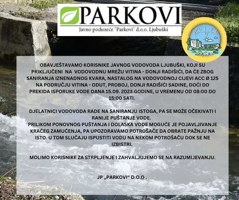 JP Parkovi:Obavijest o prekidu isporuke vode