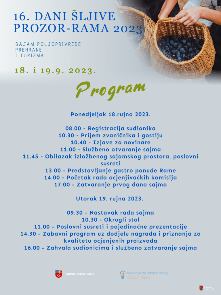 općina prozor - rama • dani šljive 2023: program 16. sajma poljoprivrede, prehrane i turizma u prozoru