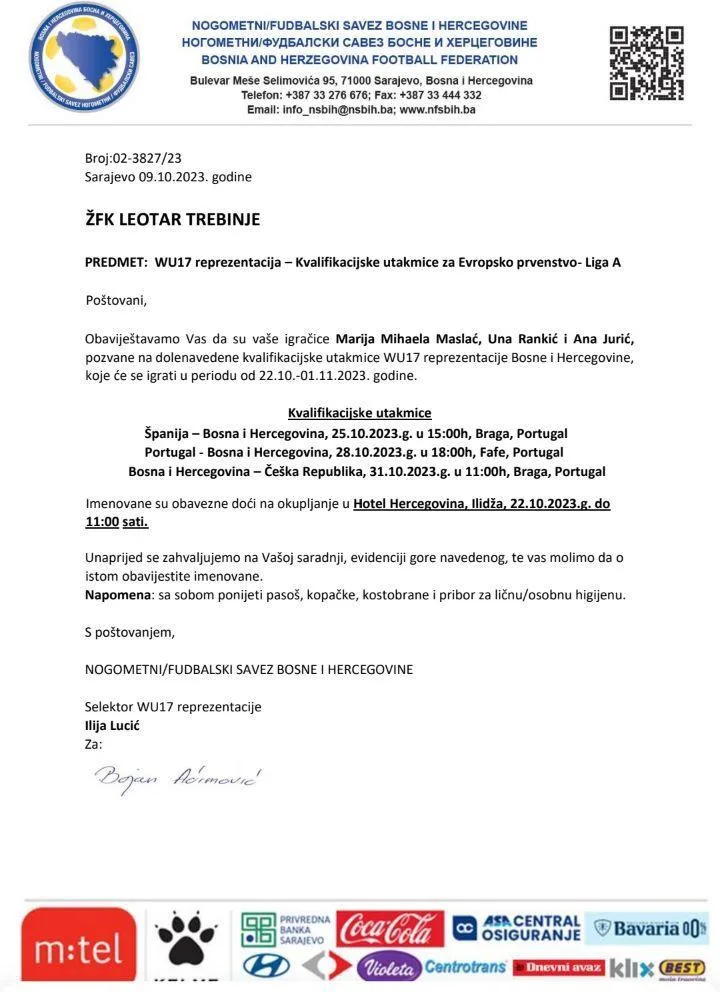 Mlada Neumljanka Mihaela Maslać dio reprezentacije BiH na kvalifikacijama za EP