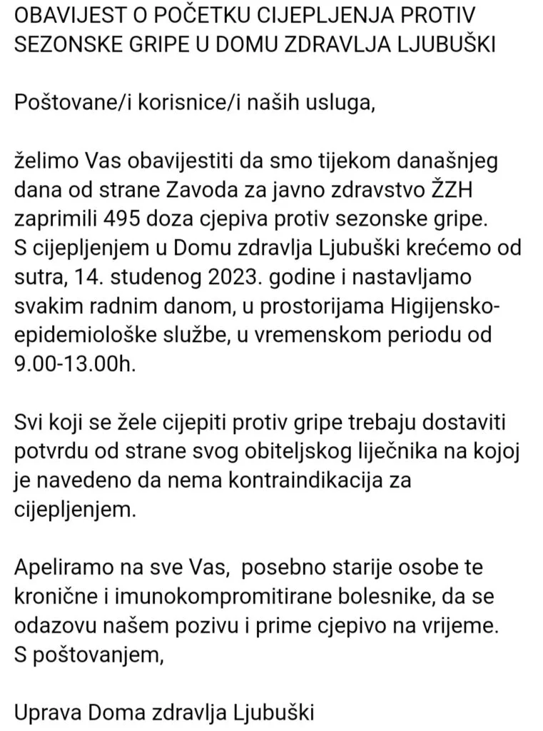DZ Ljubuški: Cijepljenje protiv sezonske gripe
