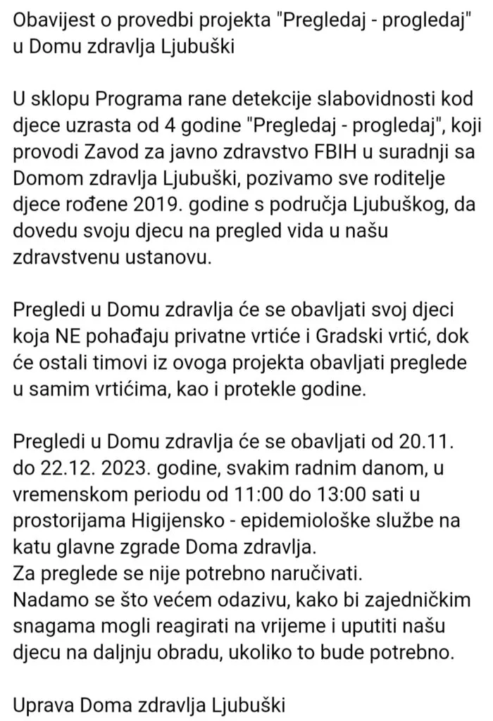 DZ Ljubuški:Poziv roditeljima djece rođene 2019.godine