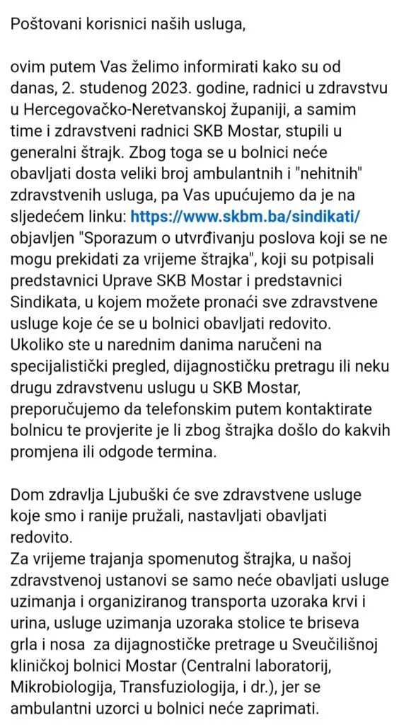 Dom zdravlja Ljubuški: Obavijest korisnicima