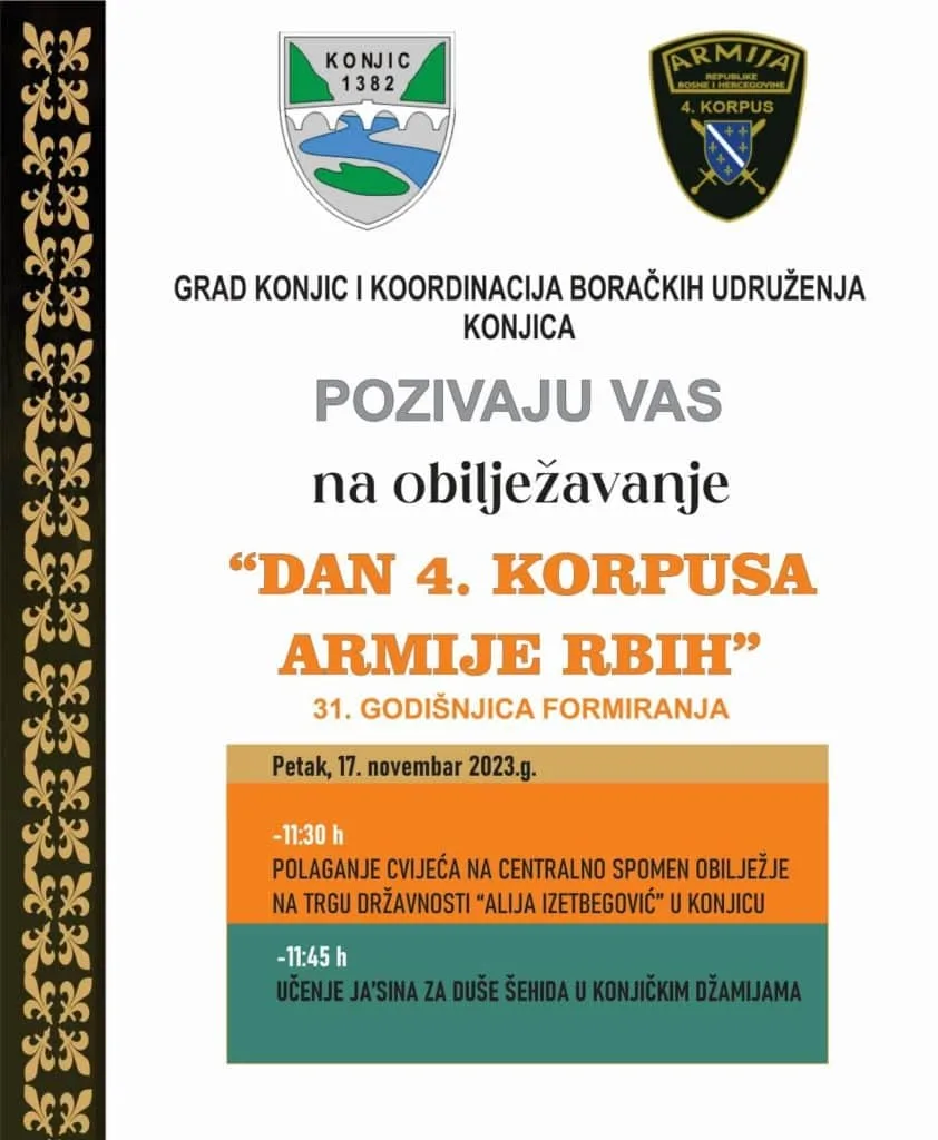 Sutra će biti obilježena 31.godišnjica formiranja 4.korpusa Armije RBiH