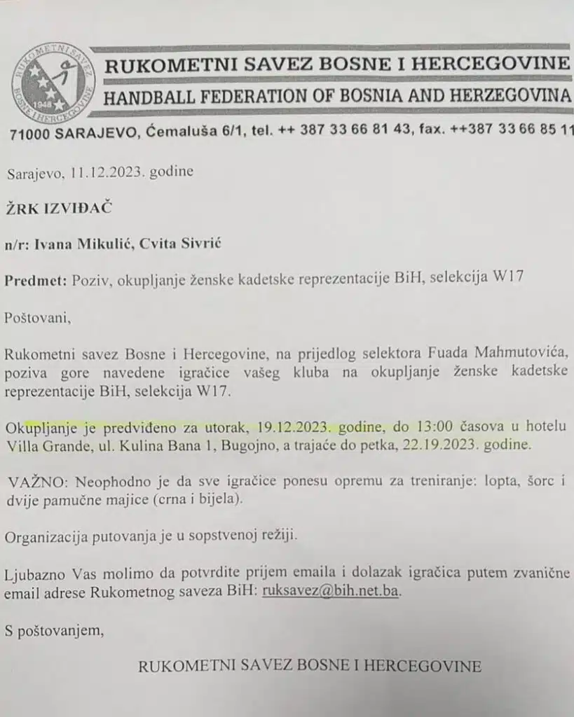 Ivana Mikulić i Cvita Sivrić pozvane na okupljanje ženske kadetske reprezentacije BiH