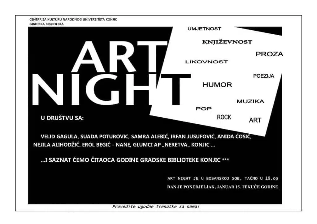“Art Night” večeras u Bosanskoj sobi NU Konjic