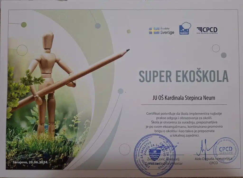 Osnovnoj školi Kardinala Stepinca dodijeljen prestižni status Super eko škole