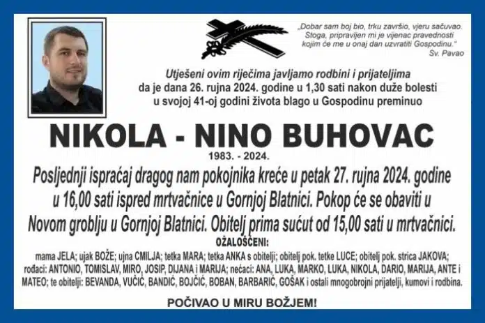 Preminuo je Nikola Nino Buhovac.
