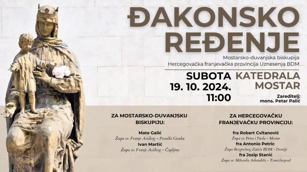 Biskup Petar Palić ordinarit će petoricu bogoslova za đakone, uključujući dvojicu iz Posušja
