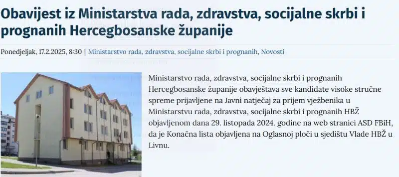 Objavljena končana lista za prijem vježbenika i to na oglasnoj ploči u sjedištu Vlade!