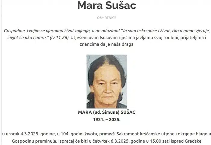 U 104. godini života preminula najstarija Trebižaćanka Mara Sušac