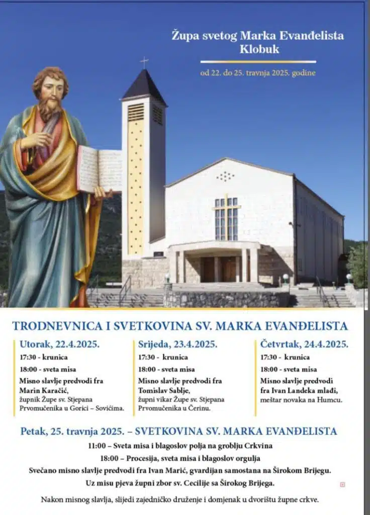 Proslava svetkovine sv. Marka Evanđelista u Klobuku: od 22. do 25. travnja svečani program i blagoslov orgulja