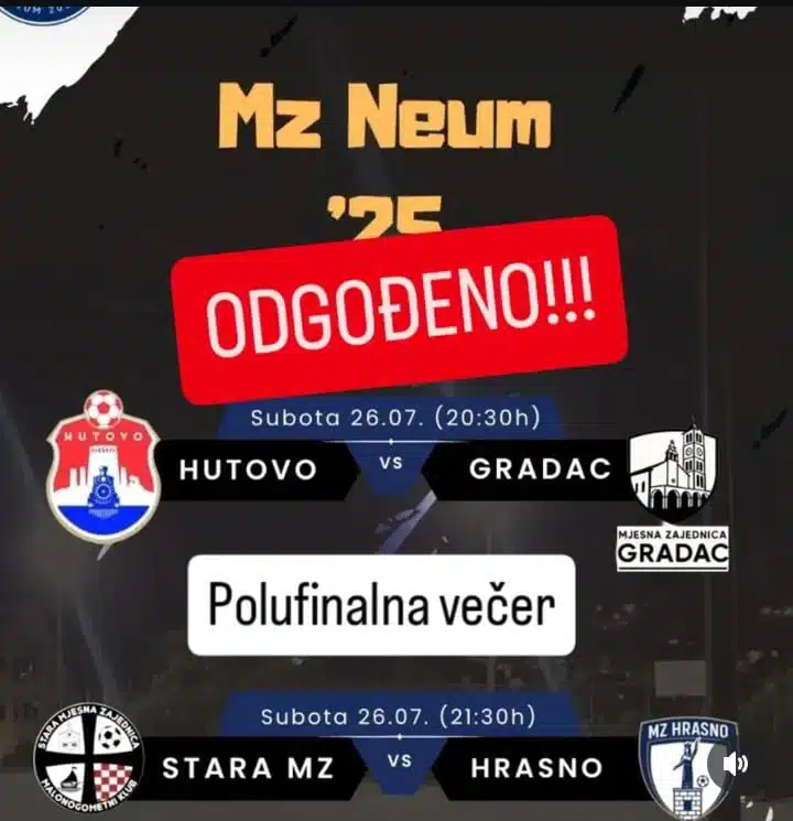 Važna obavijest: ODGOĐENO polufinale Turnira mjesnih zajednica općine Neum