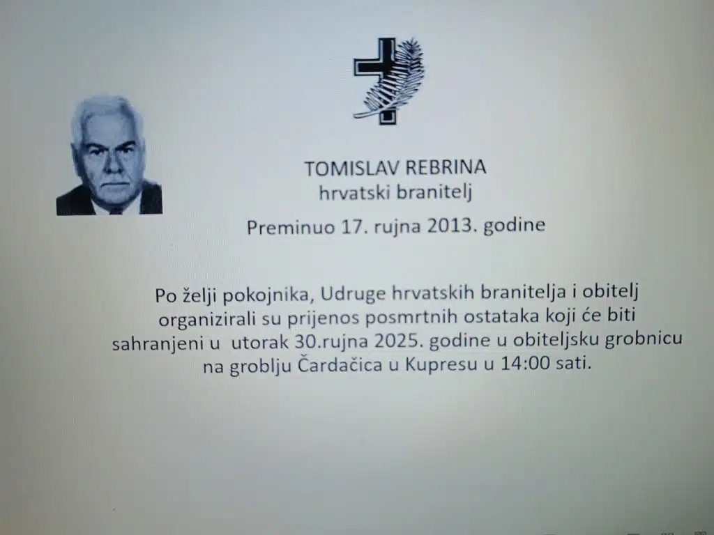 Ukop hrvatskoga branitelja i emigranta Tomislava Rebrine bit će 30. rujna u Kupresu