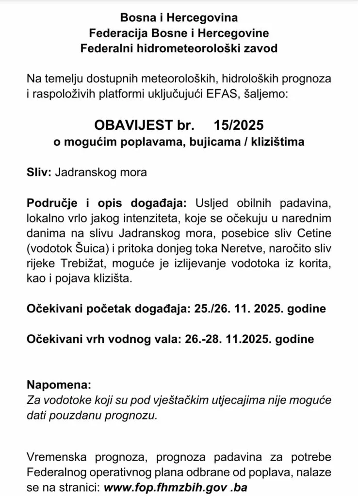 Najava oblinih padalina i izlijevanja vodotoka rijeke Trebižat