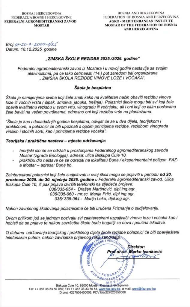 FAZ Mostar organizira zimsku školu rezidbe vinove loze i voćaka