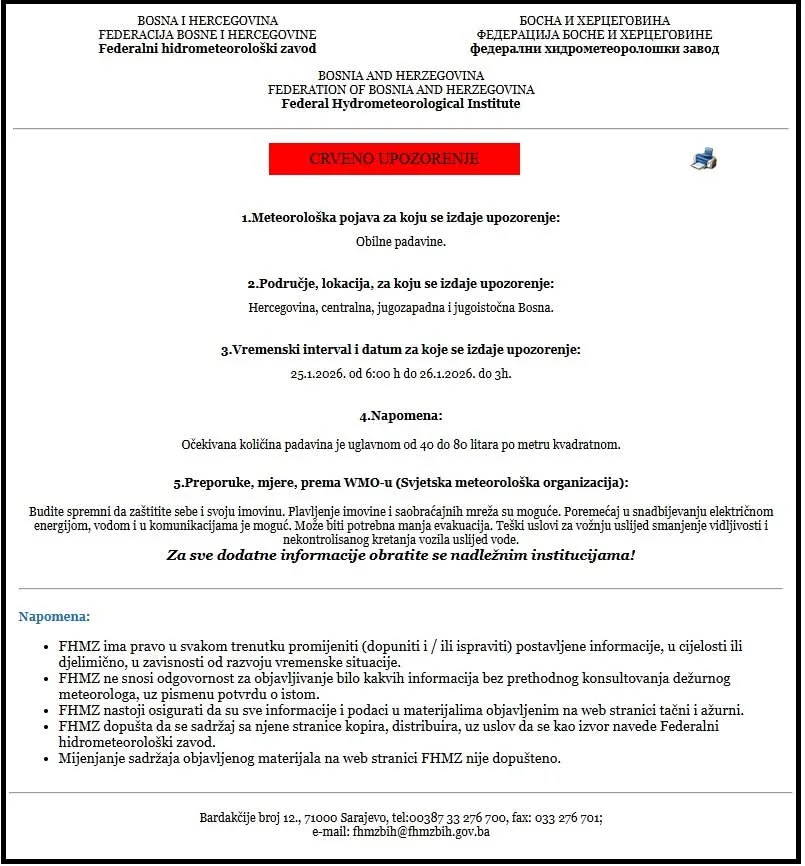 Nadležne institucije Federacije BiH: Izdano crveno upozorenje zbog obilnih oborina, apel građanima na oprez