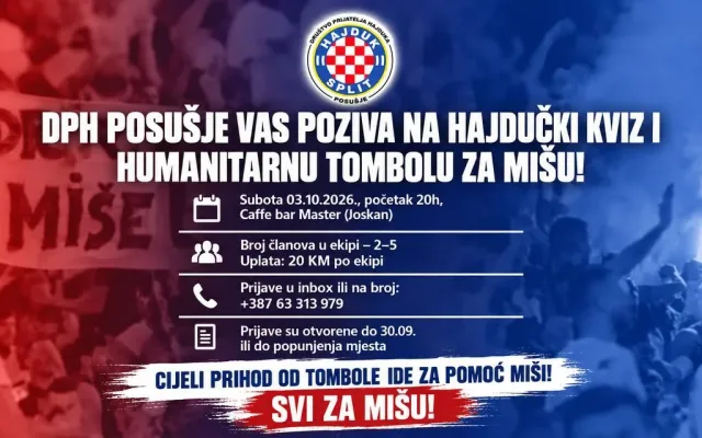 Društvo prijatelja Hajduka Posušje organizira kviz i tombolu „Svi za Mišu!“
