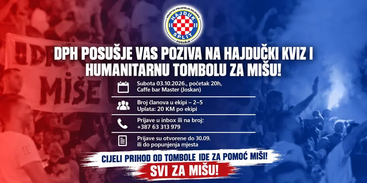 Društvo prijatelja Hajduka Posušje organizira kviz i tombolu „Svi za Mišu!“