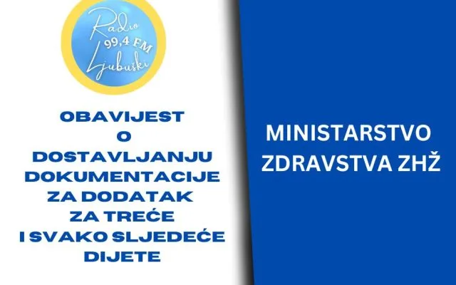DODATAK ZA TREĆE I SVAKO SLJEDEĆE DIJETE Podsjetnik o dostavi dokumentacije za daljnje korištenje prava, rok do 30.9.2026. godine