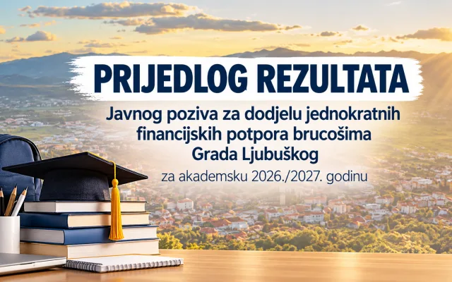 Prijedlog rezultata Javnog poziva za dodjelu jednokratnih financijskih potpora brucošima Grada Ljubuškog za akademsku 2026./2027. godinu