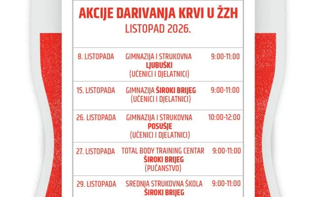 U četvrtak 8. listopada akcija darivanja krvi u Ljubuškom