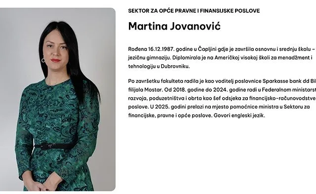 Vlada FBiH ovlastila Čapljinku Martinu Jovanović za obavljanje poslova iz nadležnosti ministarstva Vojina Mijatovića